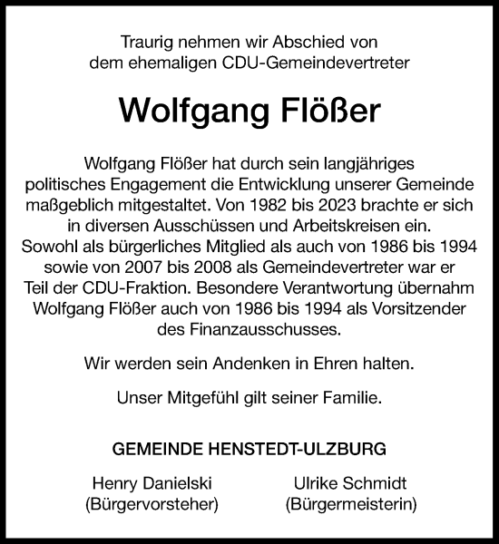 Traueranzeige von Wolfgang Flößer von Umschau