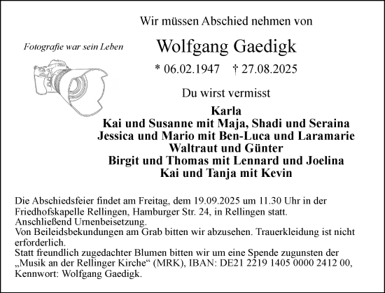 Traueranzeige von Wolfgang Gaedigk von Region Pinneberg und tip Pinneberg