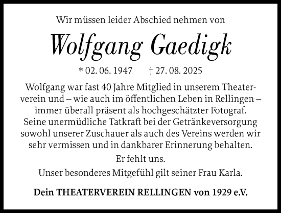 Traueranzeige von Wolfgang Gaedigk von Region Pinneberg und tip Pinneberg