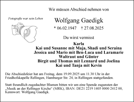 Traueranzeige von Wolfgang Gaedigk von tip Gesamtausgabe