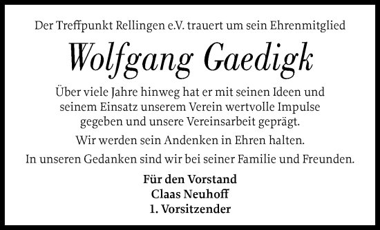 Traueranzeige von Wolfgang Gaedigk von Region Pinneberg und tip Pinneberg