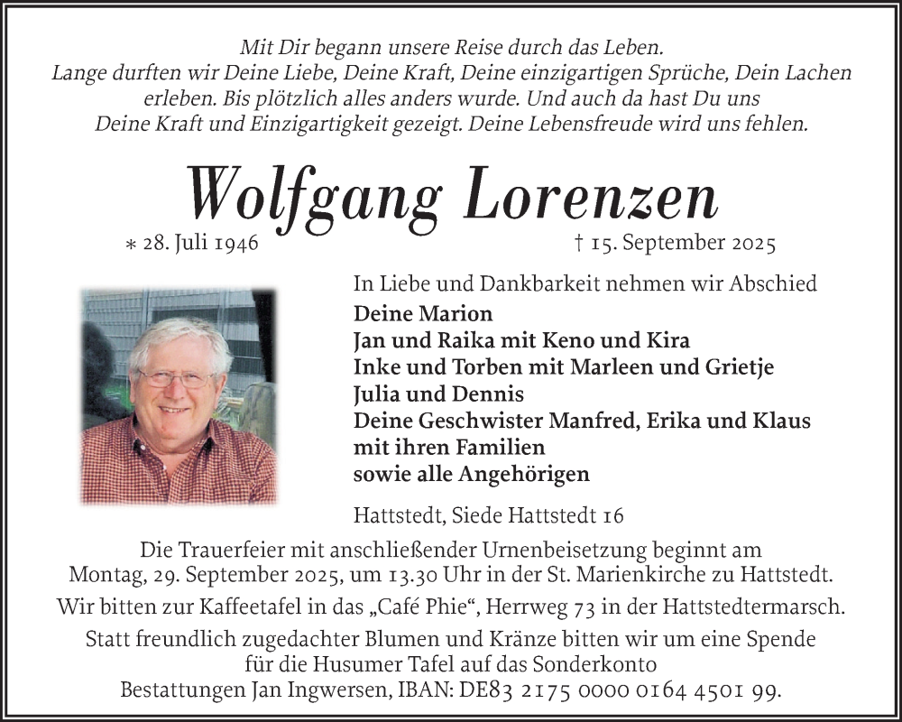  Traueranzeige für Wolfgang Lorenzen vom 20.09.2025 aus Husumer Nachrichten, Nordfriesland Tageblatt