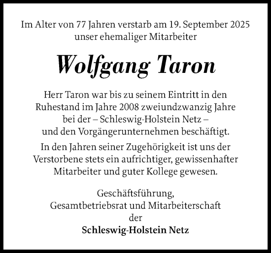 Traueranzeige von Wolfgang Taron von Schleswig-Holsteinische Landeszeitung
