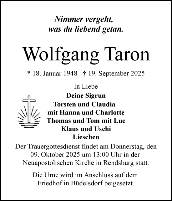 Traueranzeige von Wolfgang Taron von Schleswig-Holsteinische Landeszeitung
