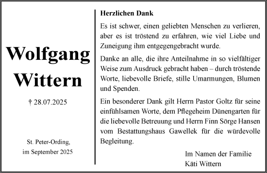 Traueranzeige von Wolfgang Wittern von Husumer Nachrichten, Nordfriesland Tageblatt