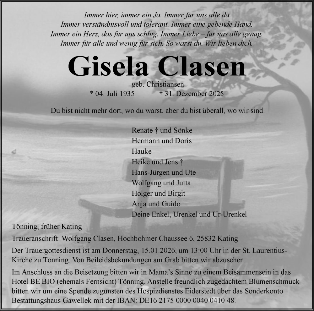  Traueranzeige für Gisela Clasen vom 09.01.2026 aus Husumer Nachrichten, Nordfriesland Tageblatt
