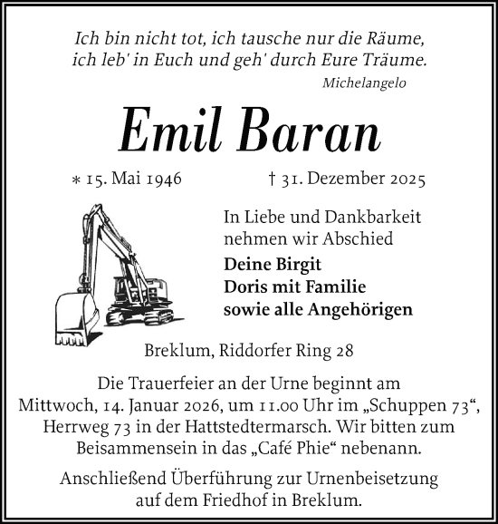 Traueranzeige von Emil Baran von Husumer Nachrichten