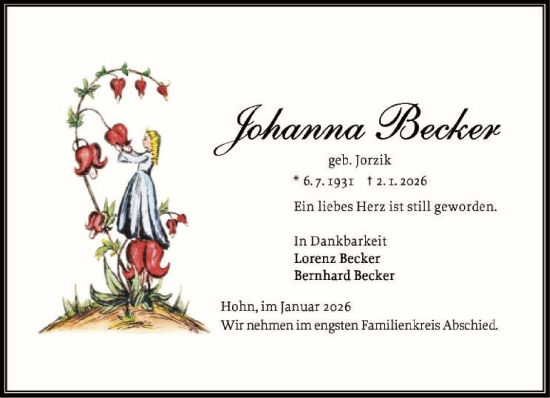 Traueranzeige von Johanna Becker von Schleswig-Holsteinische Landeszeitung