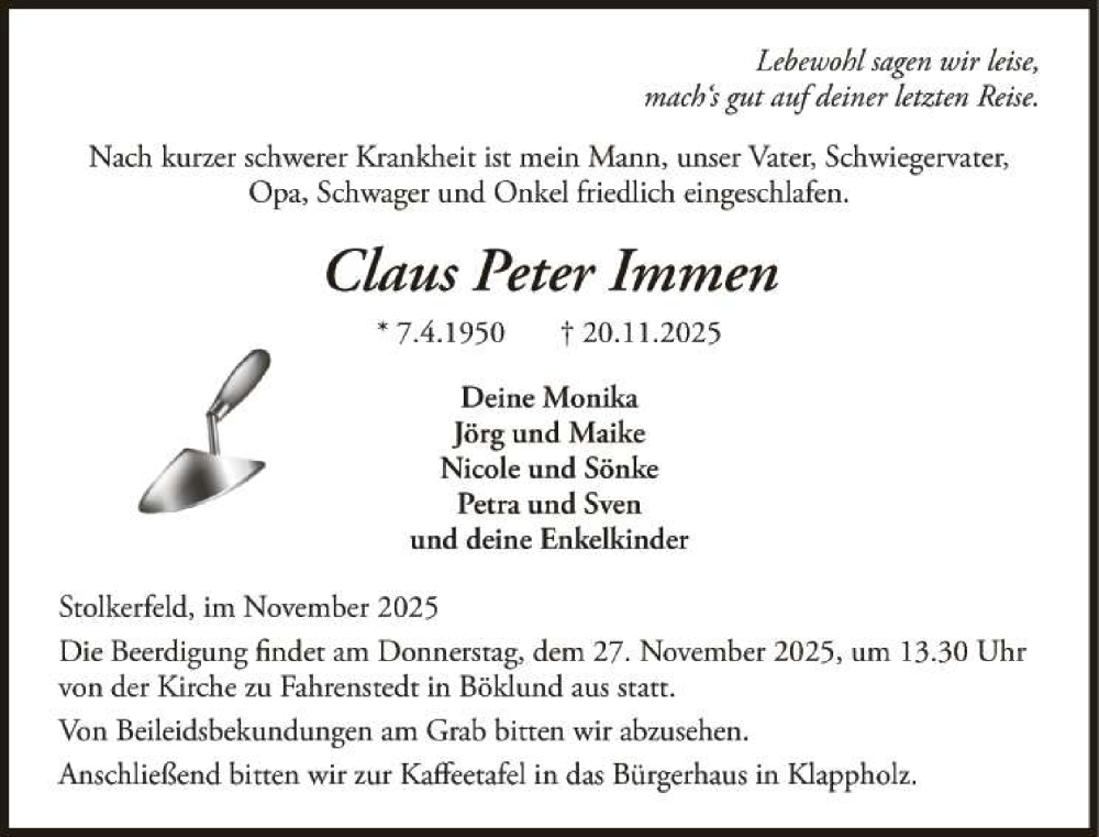  Traueranzeige für Claus Peter Immen vom 25.11.2025 aus 