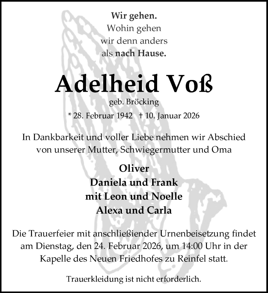  Traueranzeige für Adelheid Voß vom 17.01.2026 aus MARKT Bad Oldesloe/Reinfeld und Stormarner Tageblatt