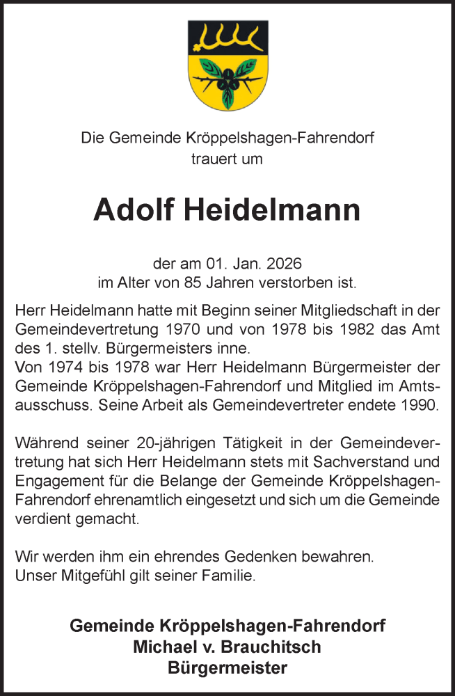  Traueranzeige für Adolf Heidelmann vom 17.01.2026 aus Wochenend Anzeiger