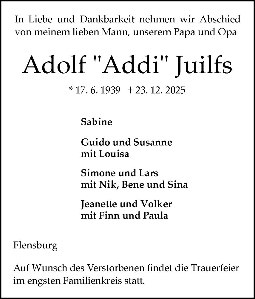  Traueranzeige für Adolf Juilfs vom 03.01.2026 aus Flensburger Tageblatt