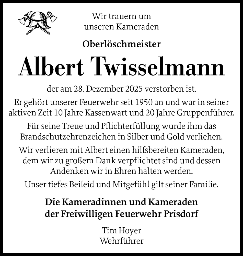  Traueranzeige für Albert Twisselmann vom 03.01.2026 aus Region Pinneberg und tip Pinneberg