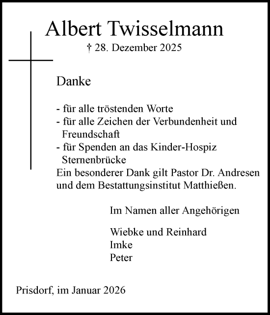 Traueranzeige von Albert Twisselmann von Region Pinneberg und tip Pinneberg