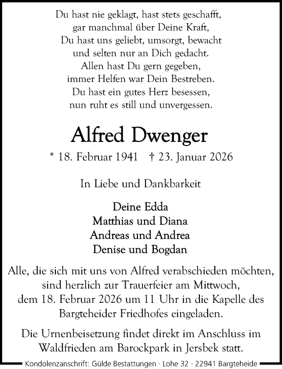 Traueranzeige von Alfred Dwenger von MARKT Ahrensburg/Bargteheide/Trittau und Stormarner Tageblatt