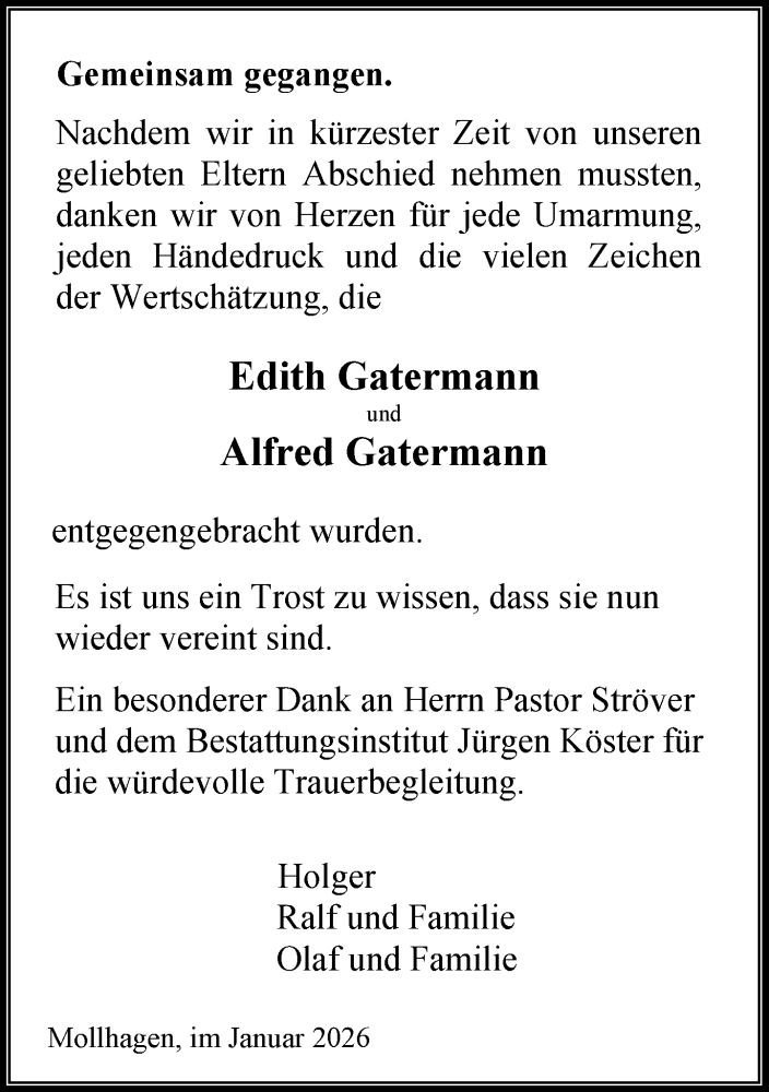  Traueranzeige für Alfred Gatermann vom 10.01.2026 aus MARKT Bad Oldesloe/Reinfeld, MARKT Ahrensburg/Bargteheide/Trittau und Stormarner Tageblatt