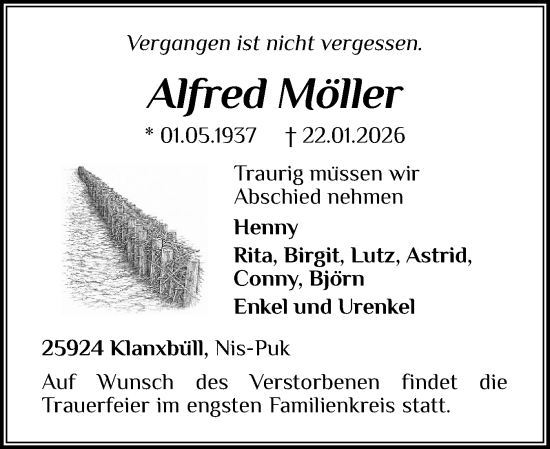 Traueranzeige von Alfred Möller von Husumer Nachrichten, Nordfriesland Tageblatt