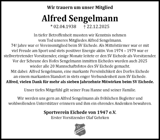 Traueranzeige von Alfred Sengelmann von MARKT Bad Oldesloe/Reinfeld und Stormarner Tageblatt