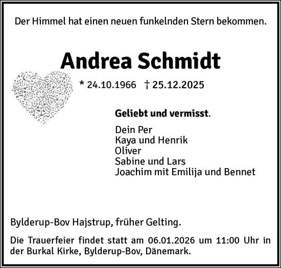 Traueranzeige von Andrea Schmidt von Flensburger Tageblatt, Schleswiger Nachrichten, Schlei-Bote