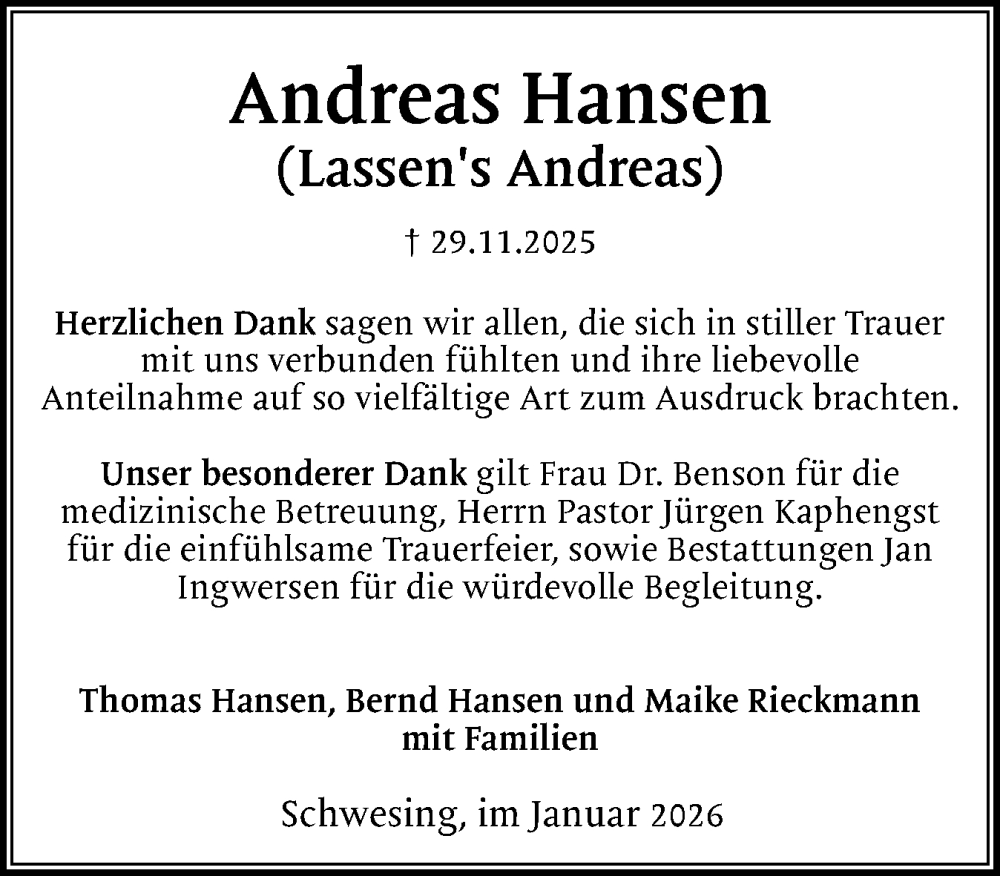  Traueranzeige für Andreas Hansen vom 21.01.2026 aus Husumer Nachrichten, Nordfriesland Tageblatt