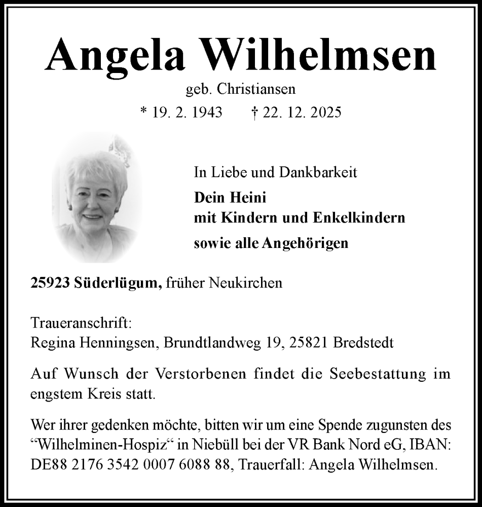  Traueranzeige für Angela Wilhelmsen vom 03.01.2026 aus Husumer Nachrichten, Nordfriesland Tageblatt