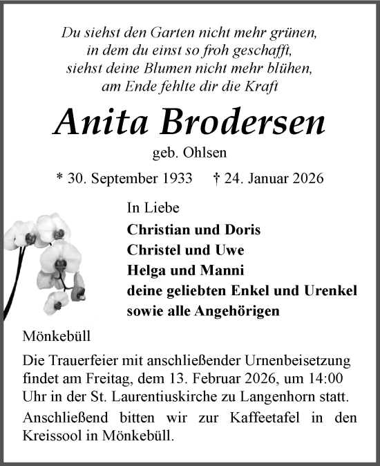 Traueranzeige von Anita Brodersen von Husumer Nachrichten, Nordfriesland Tageblatt