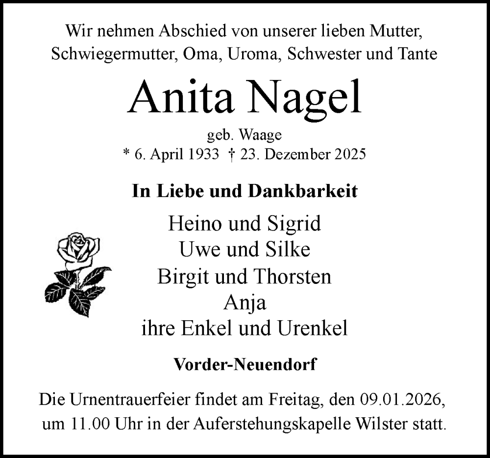  Traueranzeige für Anita Nagel vom 03.01.2026 aus Norddeutsche Rundschau, Wilstersche Zeitung, Glückstädter Fortuna