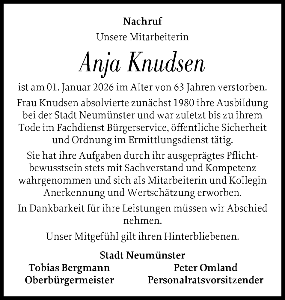  Traueranzeige für Anja Knudsen vom 17.01.2026 aus Holsteinischer Courier