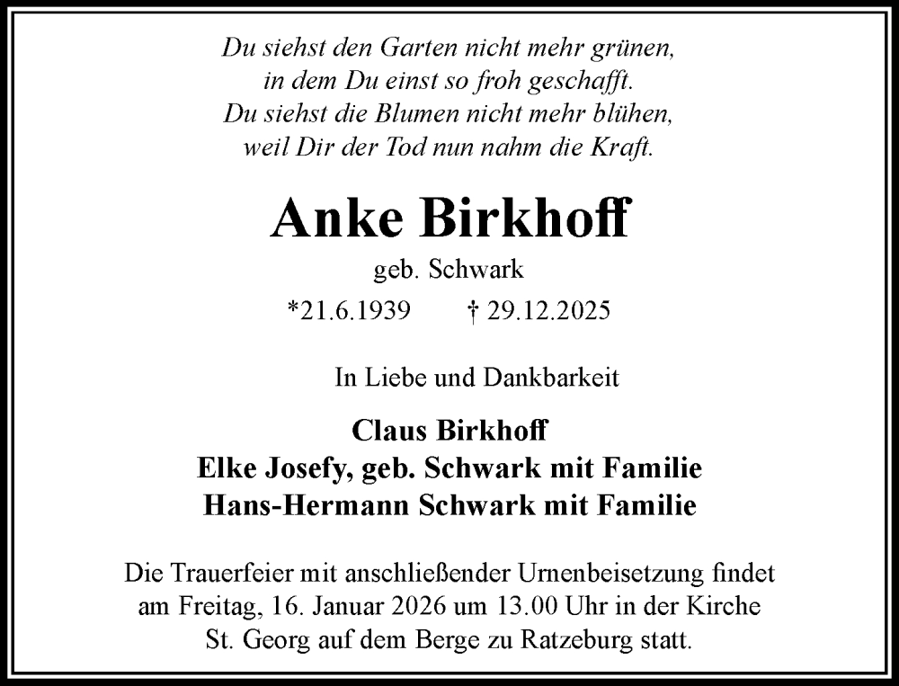  Traueranzeige für Anke Birkhoff vom 10.01.2026 aus MARKT Ratzeburg/Mölln