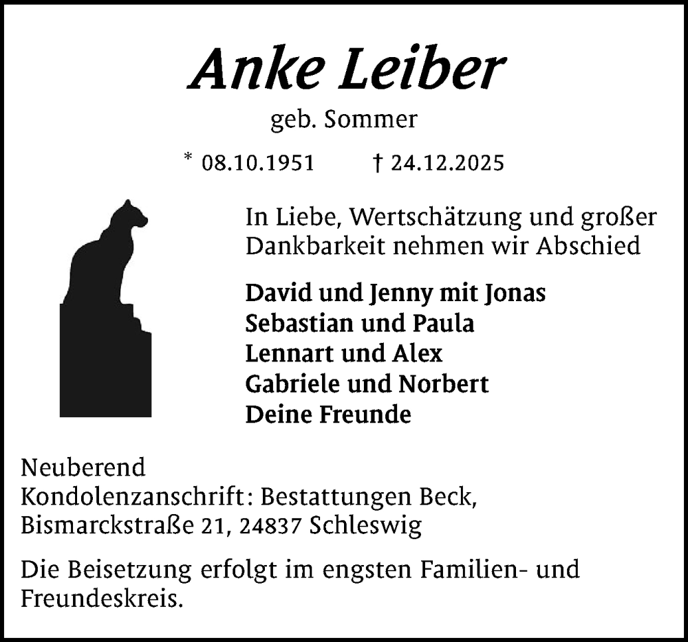  Traueranzeige für Anke Leiber vom 03.01.2026 aus Schleswiger Nachrichten, Schlei-Bote