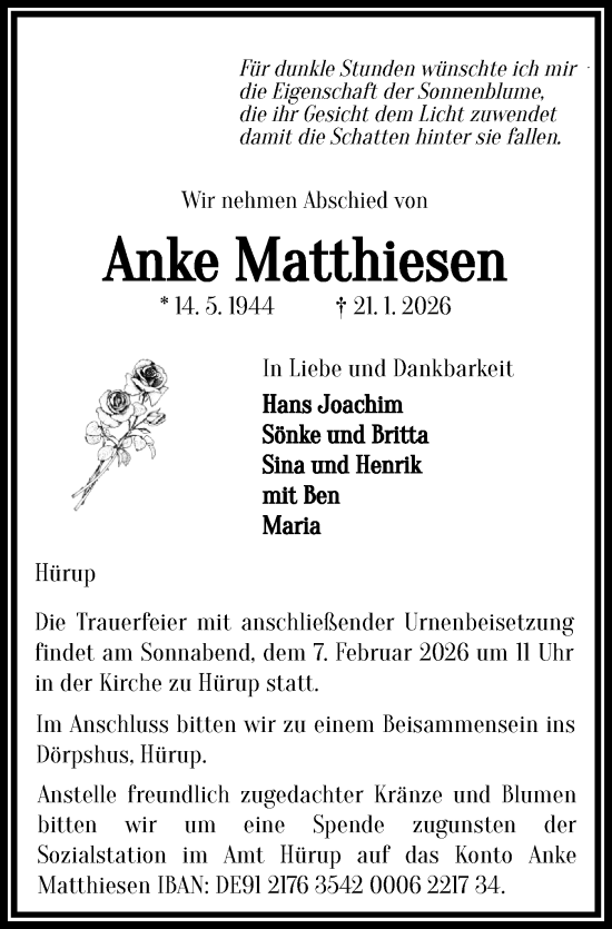 Traueranzeige von Anke Matthiesen von Flensburger Tageblatt