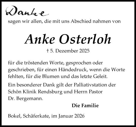 Traueranzeige von Anke Osterloh von Schleswig-Holsteinische Landeszeitung
