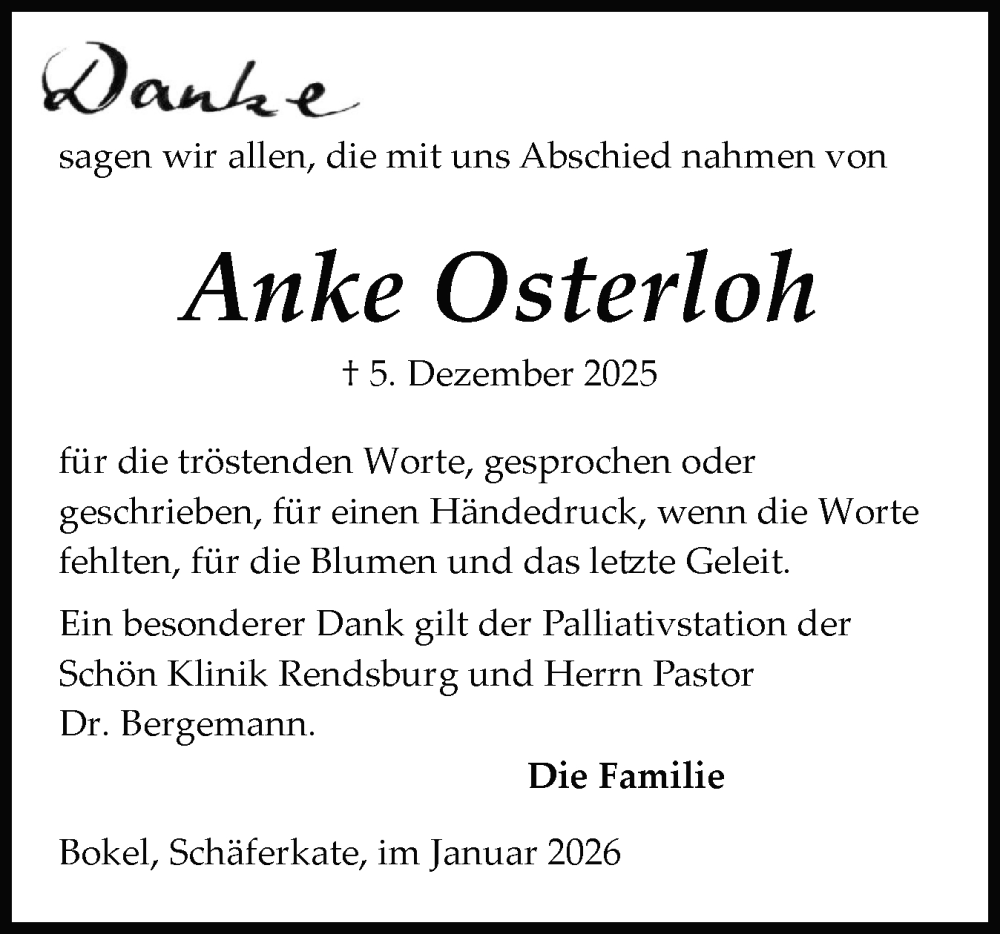  Traueranzeige für Anke Osterloh vom 10.01.2026 aus Schleswig-Holsteinische Landeszeitung