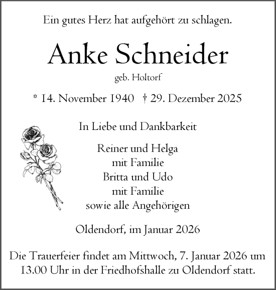 Traueranzeige von Anke Schneider von Norddeutsche Rundschau, Wilstersche Zeitung, Glückstädter Fortuna
