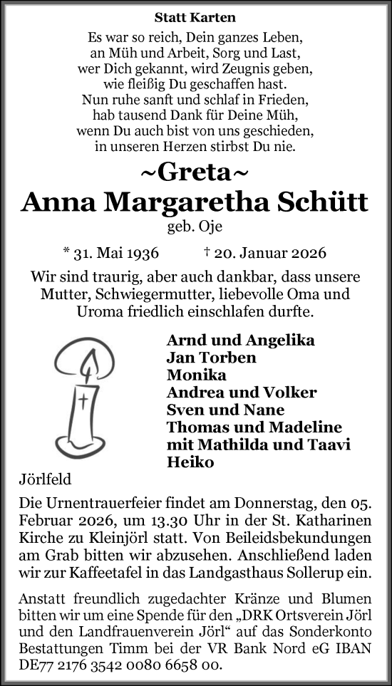 Traueranzeige von Anna Margaretha Schütt von Region Flensburg