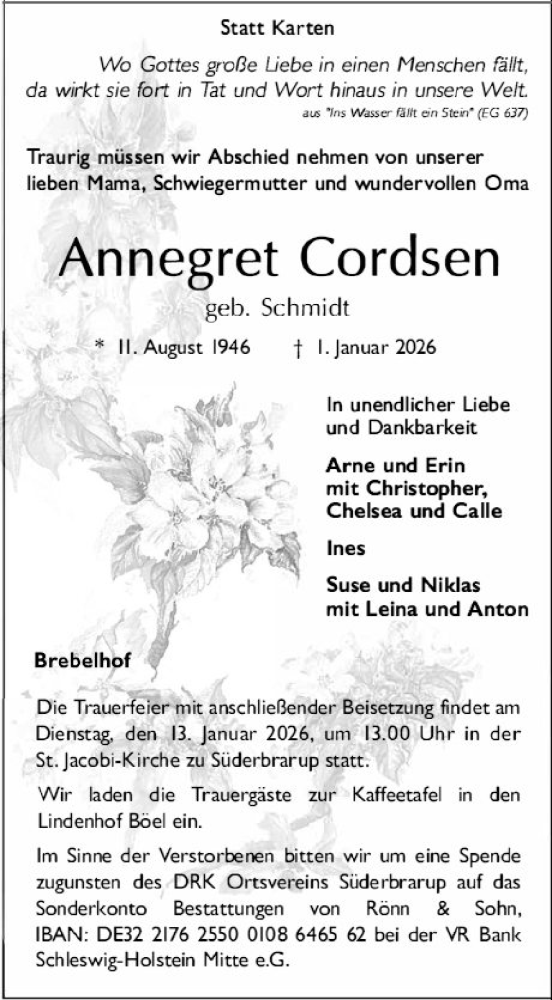  Traueranzeige für Annegret Cordsen vom 07.01.2026 aus Schleswiger Nachrichten, Schlei-Bote