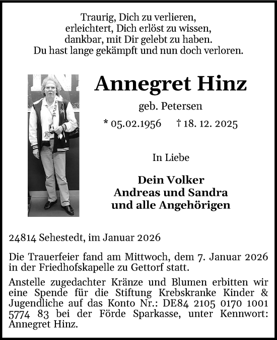 Traueranzeige von Annegret Hinz von Hallo Eckernförde