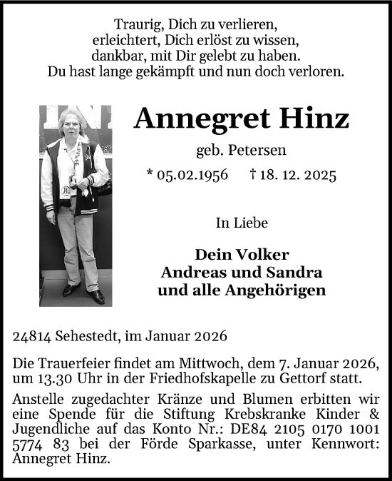 Traueranzeige von Annegret Hinz von Eckernförder Zeitung