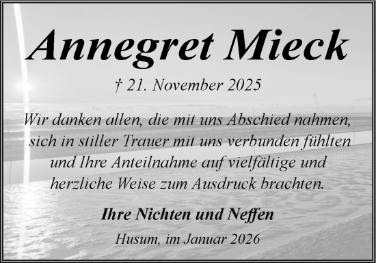 Traueranzeige von Annegret Mieck von Husumer Nachrichten, Nordfriesland Tageblatt