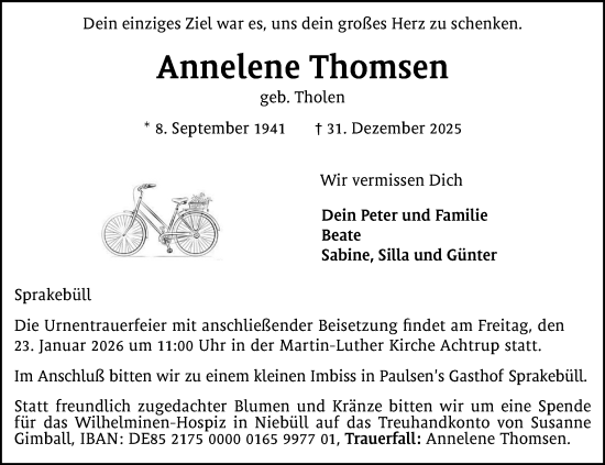 Traueranzeige von Annelene Thomsen von Husumer Nachrichten, Nordfriesland Tageblatt