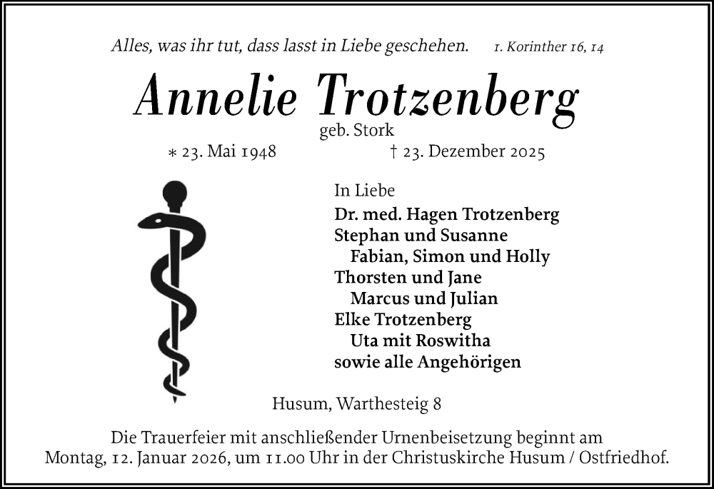  Traueranzeige für Annelie Trotzenberg vom 07.01.2026 aus Husumer Nachrichten, Nordfriesland Tageblatt