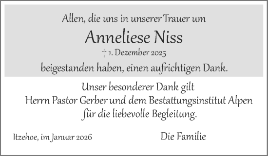 Traueranzeige von Anneliese Niss von Norddeutsche Rundschau, Wilstersche Zeitung, Glückstädter Fortuna