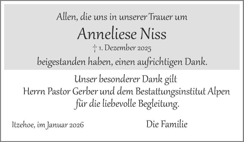  Traueranzeige für Anneliese Niss vom 10.01.2026 aus Norddeutsche Rundschau, Wilstersche Zeitung, Glückstädter Fortuna