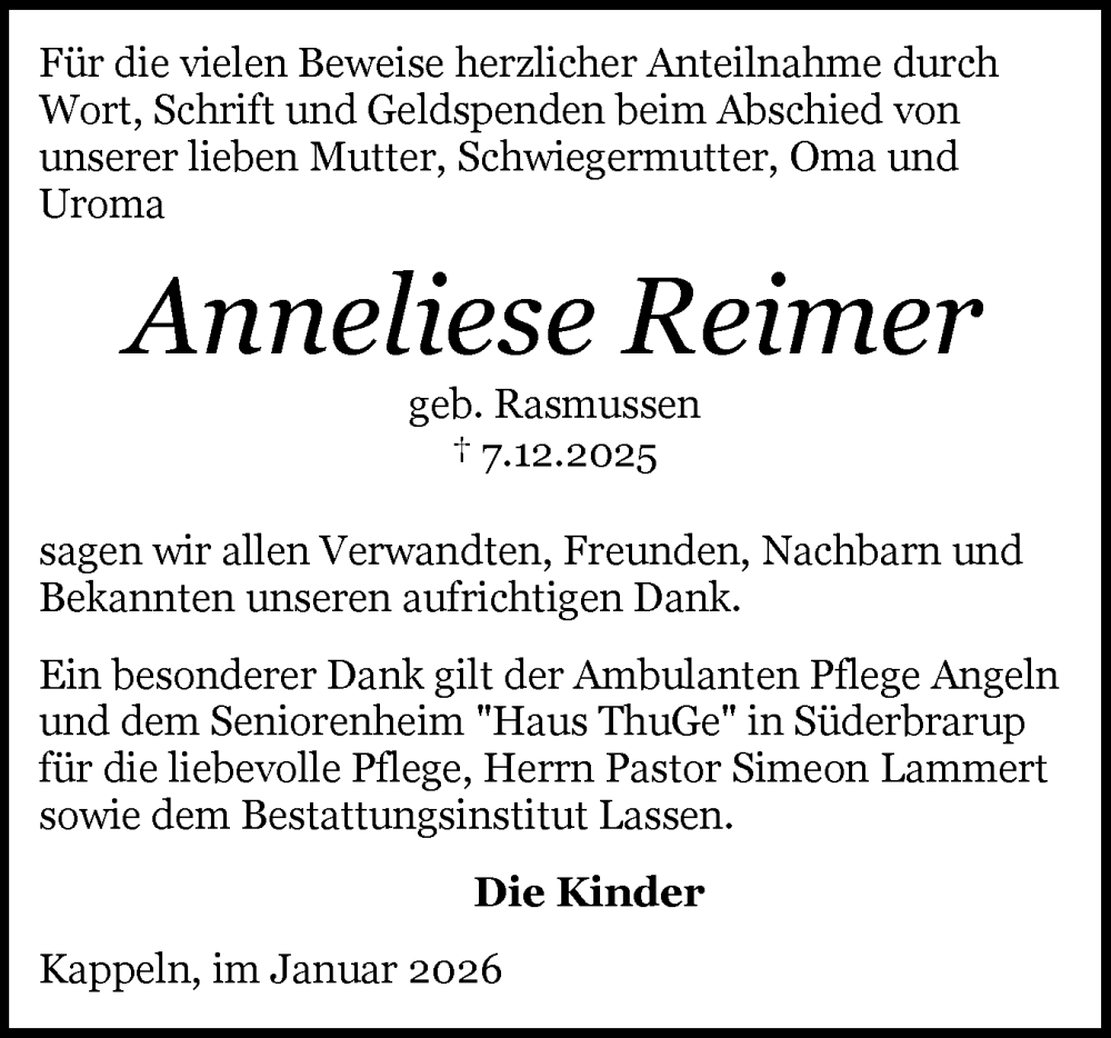  Traueranzeige für Anneliese Reimer vom 17.01.2026 aus Flensburger Tageblatt, Schleswiger Nachrichten, Schlei-Bote