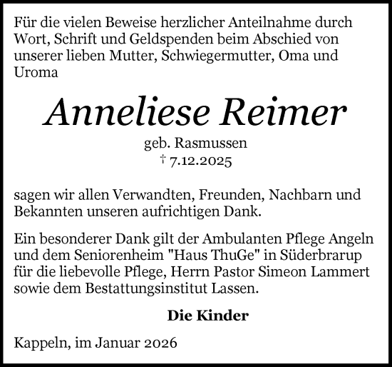 Traueranzeige von Anneliese Reimer von Flensburger Tageblatt, Schleswiger Nachrichten, Schlei-Bote