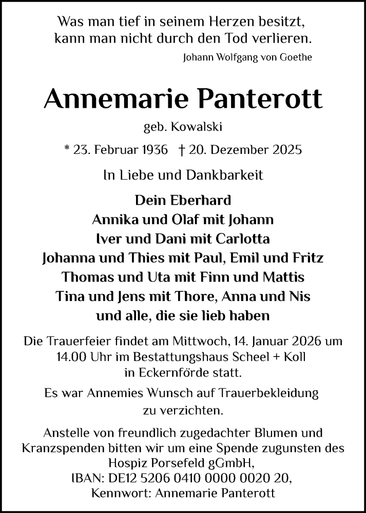  Traueranzeige für Annemarie Panterott vom 10.01.2026 aus Eckernförder Zeitung