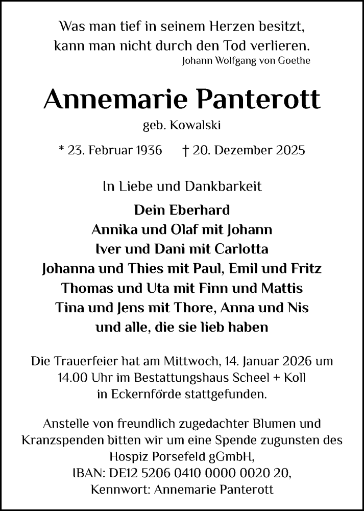  Traueranzeige für Annemarie Panterott vom 17.01.2026 aus Hallo Eckernförde