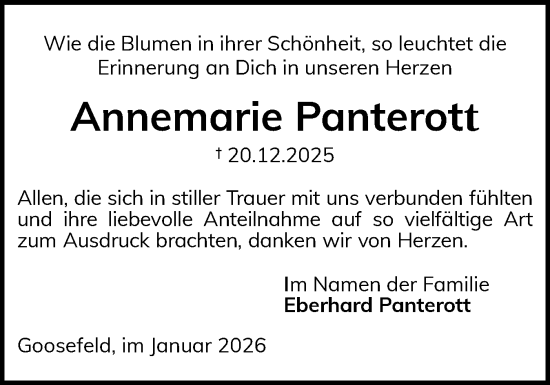 Traueranzeige von Annemarie Panterott von Eckernförder Zeitung, Hallo Eckernförde