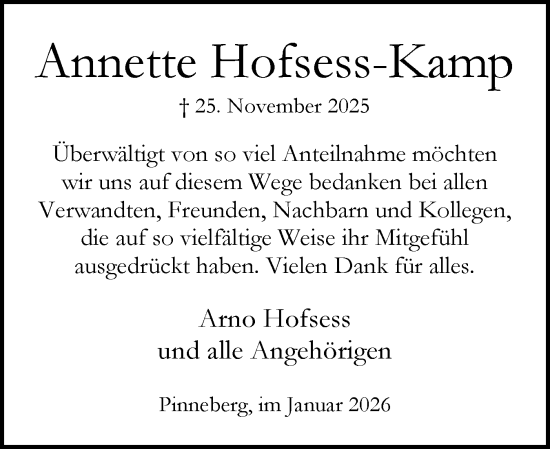 Traueranzeige von Annette Hofsess-Kamp von Region Pinneberg und tip Pinneberg