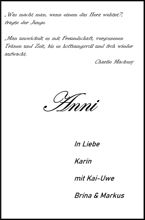 Traueranzeige von Anni  von Holsteinischer Courier